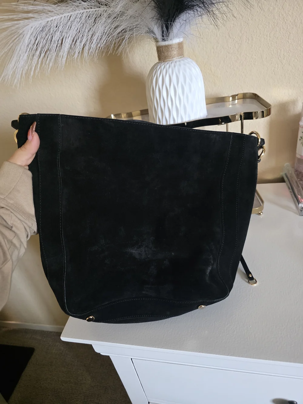 Rebecca Minkoff Suede Hobo in Tan with Dark Trim